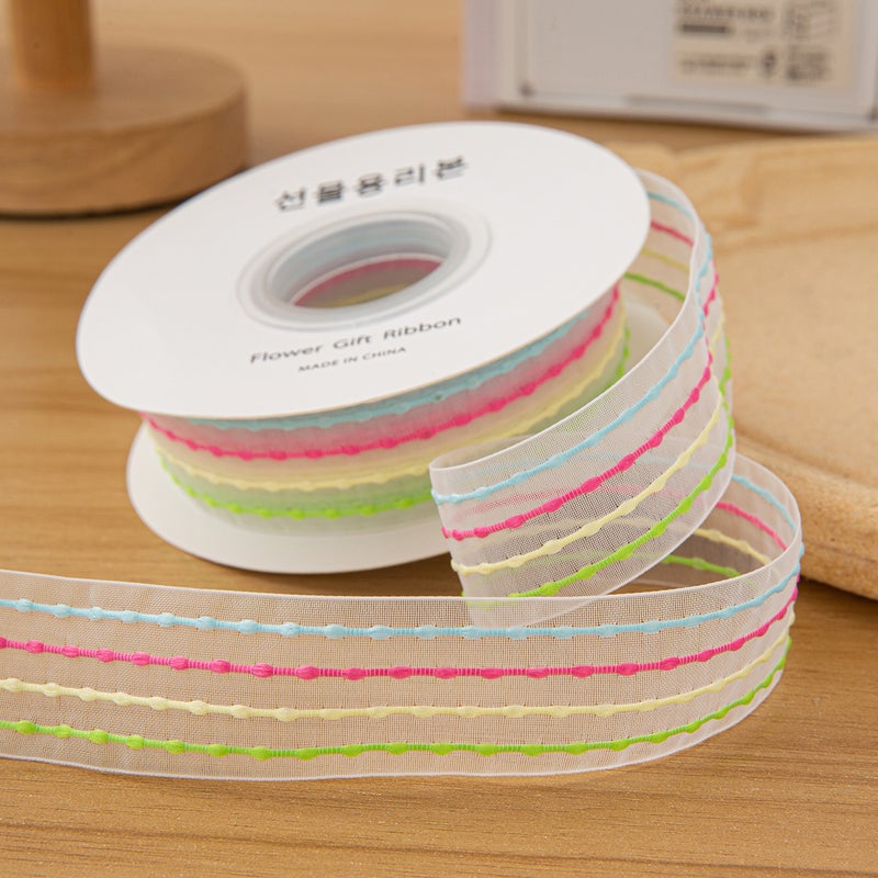 Bubble Striped Snow Gauze Ribbon – 2.5Cm Rainbow Macaron Bow for DIY Gift Box - Image 1